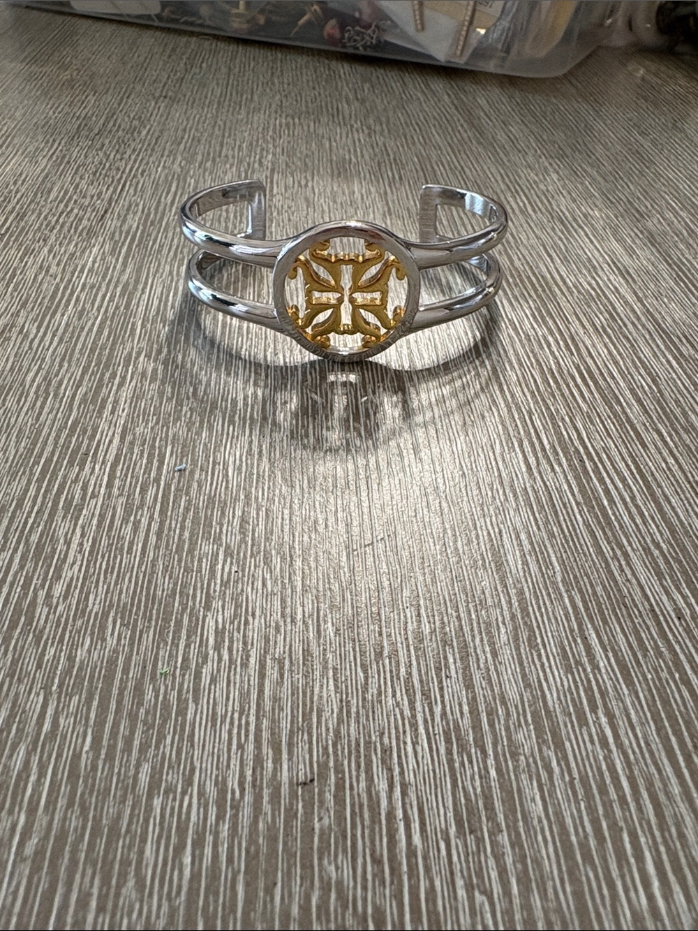 Rustic Cuff Silver and Gold Open Cuff Bracelet with Medallion